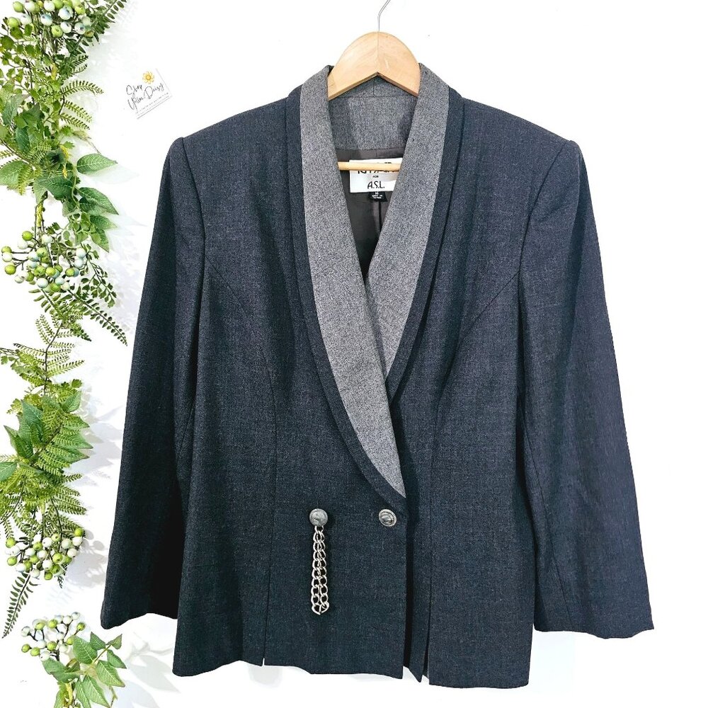 Vintage‎ Kasper A.S.L. Womens Wool Blazer Sz 16 Chain Detail Gray & Black《907》J